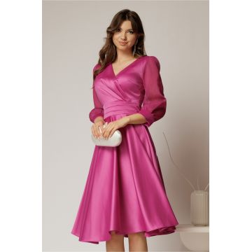 Rochie DY Fashion midi fucsia din tafta cu maneci din voal cu lurex