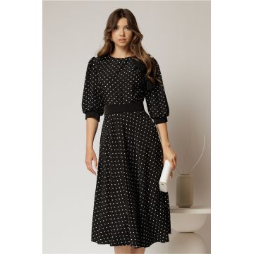 Rochie DY Fashion midi neagra cu buline si funda ampla pe umar