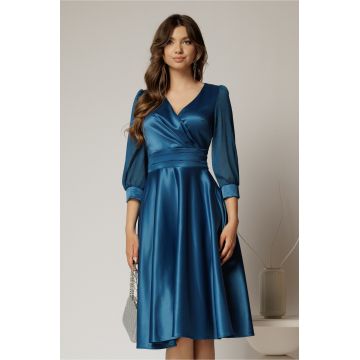 Rochie DY Fashion midi turcoaz din tafta cu maneci din voal cu lurex