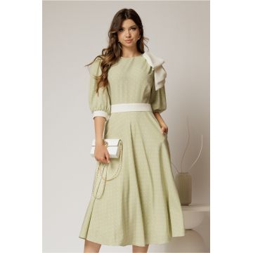 Rochie DY Fashion midi verde fistic cu buline si funda ampla pe umar