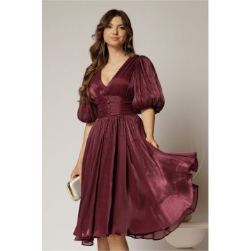 Rochie DY Fashion mov pruna cu decolteu adanc si nasturi din voal peliculizat