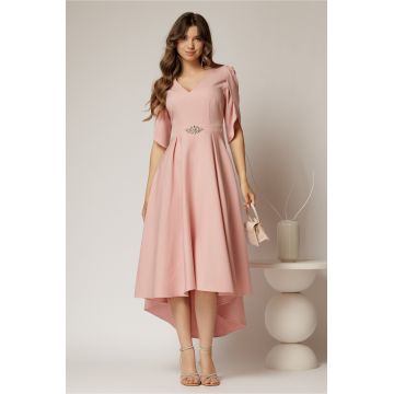 Rochie DY Fashion roz asimetrica cu maneci lalea si aplicatie pe talie