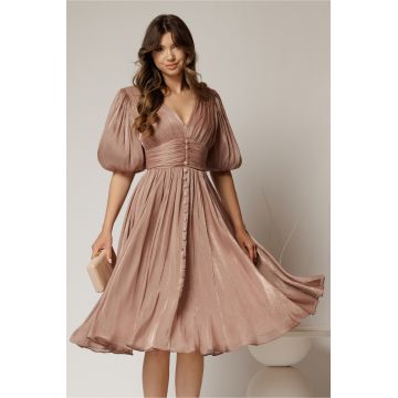 Rochie DY Fashion roz cu decolteu adanc si nasturi din voal peliculizat