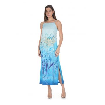 Rochie evazata cu imprimeu floral si decolteu patrat