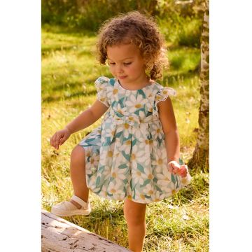 Rochie evazata cu model floral - Alb/Galben/Albastru petrol