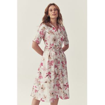 Rochie evazata cu model floral si cordon in talie - Alb murdar/Roz