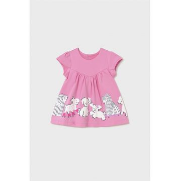 Rochie evazata de bumbac cu model - Alb/Roz