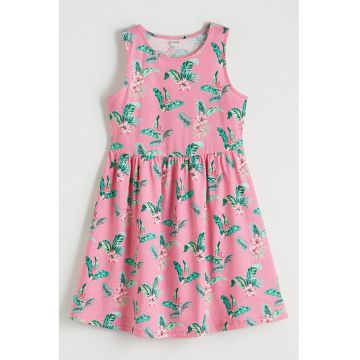 Rochie evazata fara maneci din bumbac - Roz aprins/Verde aquamarin
