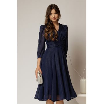 Rochie Gina midi bleumarin din voal cu fir lurex in clos