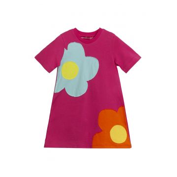 Rochie lejera din bumbac cu aplicatii cu model floral - Turcoaz - Roz zmeuriu - Portocaliu mandarina -