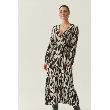 Rochie lunga cu decolteu in V - Negru/Bej deschis