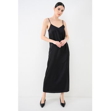 Rochie lunga de satin cu decolteu in V - Negru
