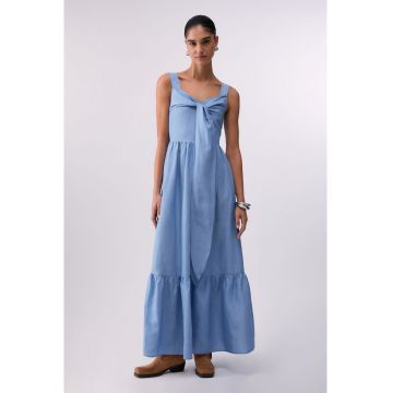 Rochie lunga din amestec de lyocell si in cu decolteu in V - Albastru deschis