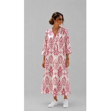 Rochie lunga vaporoasa cu imprimeu mediteranean si nasturi, alb-fucsia