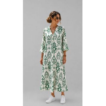 Rochie lunga vaporoasa cu imprimeu mediteranean si nasturi, alb-verde