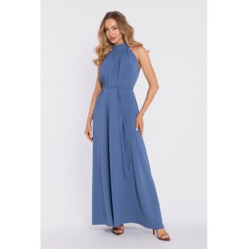 Rochie maxi cu decolteu halter si curea - - Albastru