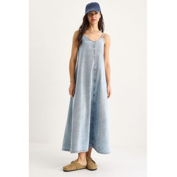 Rochie maxi din denim dama - HiCCUP - decolteu in V - inchidere cu nasturi - albastru denim -