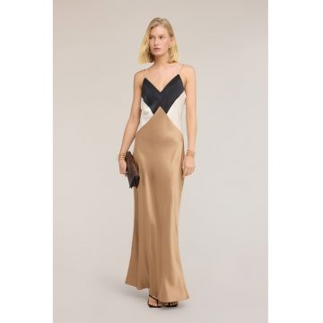 Rochie maxi satinata cu bretele inguste - Alb/Negru/Maro camel