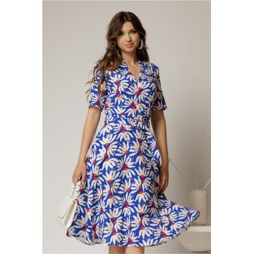 Rochie midi albastra cu imprimeuri florale cu decolteu in V si cordon cu catarama in talie