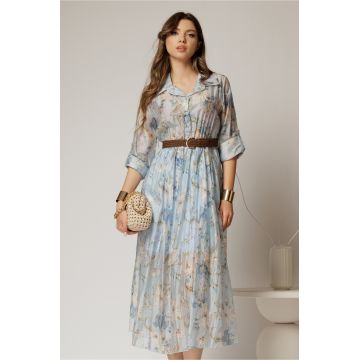 Rochie midi bleu cu imprimeuri din tencel