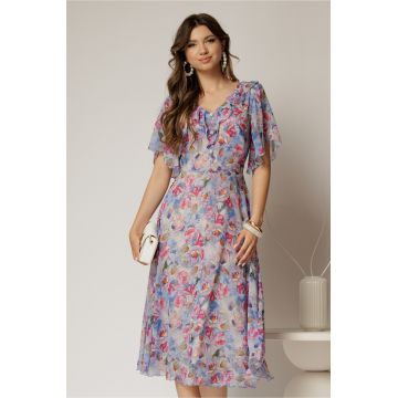 Rochie midi bleu din voal cu imprimeuri fucsia si nasturi pe bust