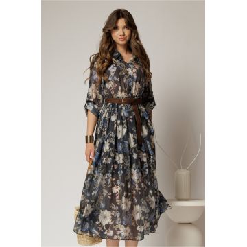 Rochie midi bleumarin cu imprimeuri din tencel