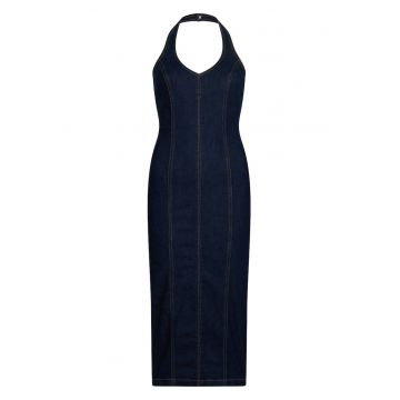 Rochie midi cambrata din denim cu slit pe partea din spate - Albastru ultramarin