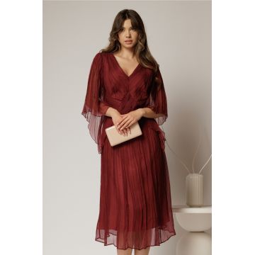 Rochie midi caramizie din matase clos si decolteu V