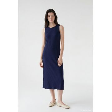 Rochie midi cu croiala dreapta si model uni - Bleumarin