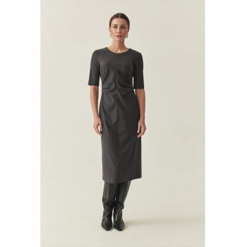 Rochie midi cu croiala dreapta si model uni - Gri inchis