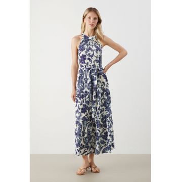 Rochie midi cu decolteu halter - Albastru inchis/Alb optic