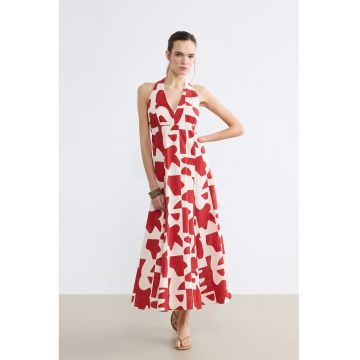 Rochie midi cu decolteu in V - Alb optic/Rosu vermillion