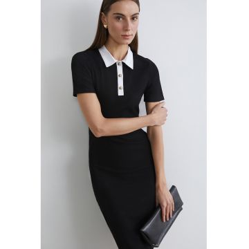 Rochie midi cu fenta cu nasturi - Negru