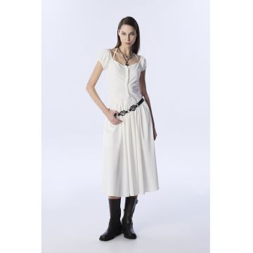 Rochie midi cu fenta scurta cu nasturi - Alb