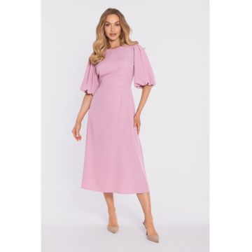 Rochie midi cu maneci bufante si decolteu in V - - Roz pudrat