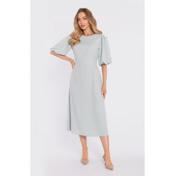 Rochie midi cu maneci bufante si decolteu in V - - Verde menta