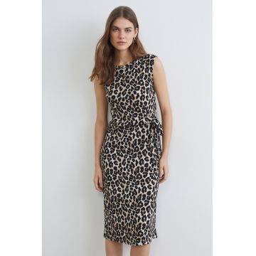 Rochie midi cu model animal print si detaliu cu nod - Negru/Maro deschis/Maro nisip
