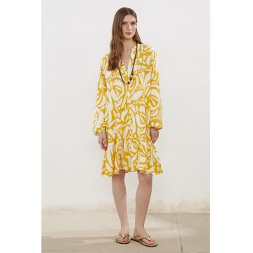 Rochie midi cu nasturi si terminatie cu volane - Alb/Galben miere