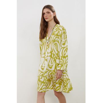 Rochie midi cu nasturi si terminatie cu volane - Alb/Verde lime