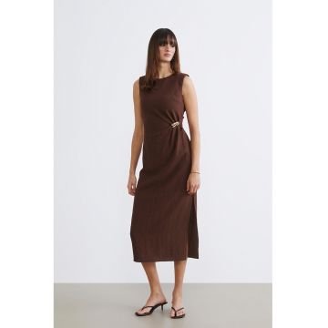 Rochie midi cu slit lateral - Maro pamantiu