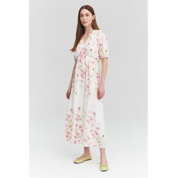 Rochie midi din amestec de in cu decolteu in V si maneci bufante - Roz/Crem