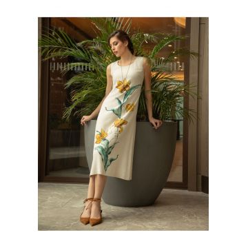Rochie midi din amestec de in cu motiv floral