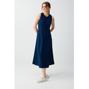 Rochie midi din amestec de in fara maneci - Bleumarin