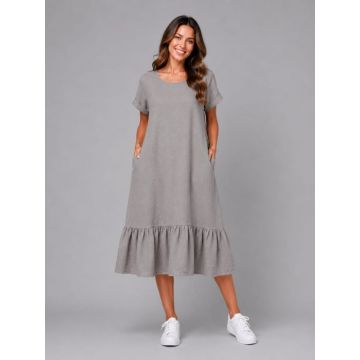 Rochie midi din in cu funda pe spate si volan amplu din batist, bej inchis