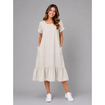 Rochie midi din in cu funda pe spate si volan amplu din batist, bej