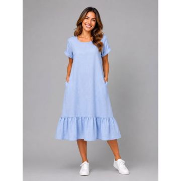 Rochie midi din in cu funda pe spate si volan amplu din batist, bleu