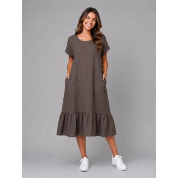 Rochie midi din in cu funda pe spate si volan amplu din batist, maro