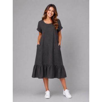 Rochie midi din in cu funda pe spate si volan amplu din batist, neagra