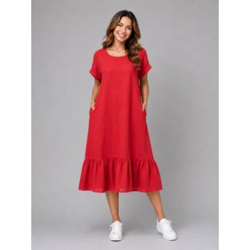 Rochie midi din in cu funda pe spate si volan amplu din batist, rosie