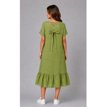 Rochie midi din in cu funda pe spate si volan amplu din batist, verde olive